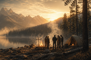 Men gathered around a campfire and cross at the Act Like a Man men's retreat